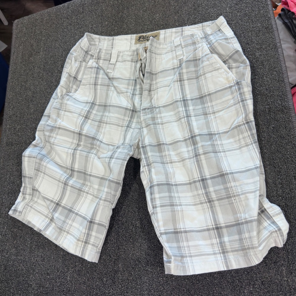 Plugg Men's Plaid Cotton Shorts Gray White Size 30 Flat Front Casual Y2K